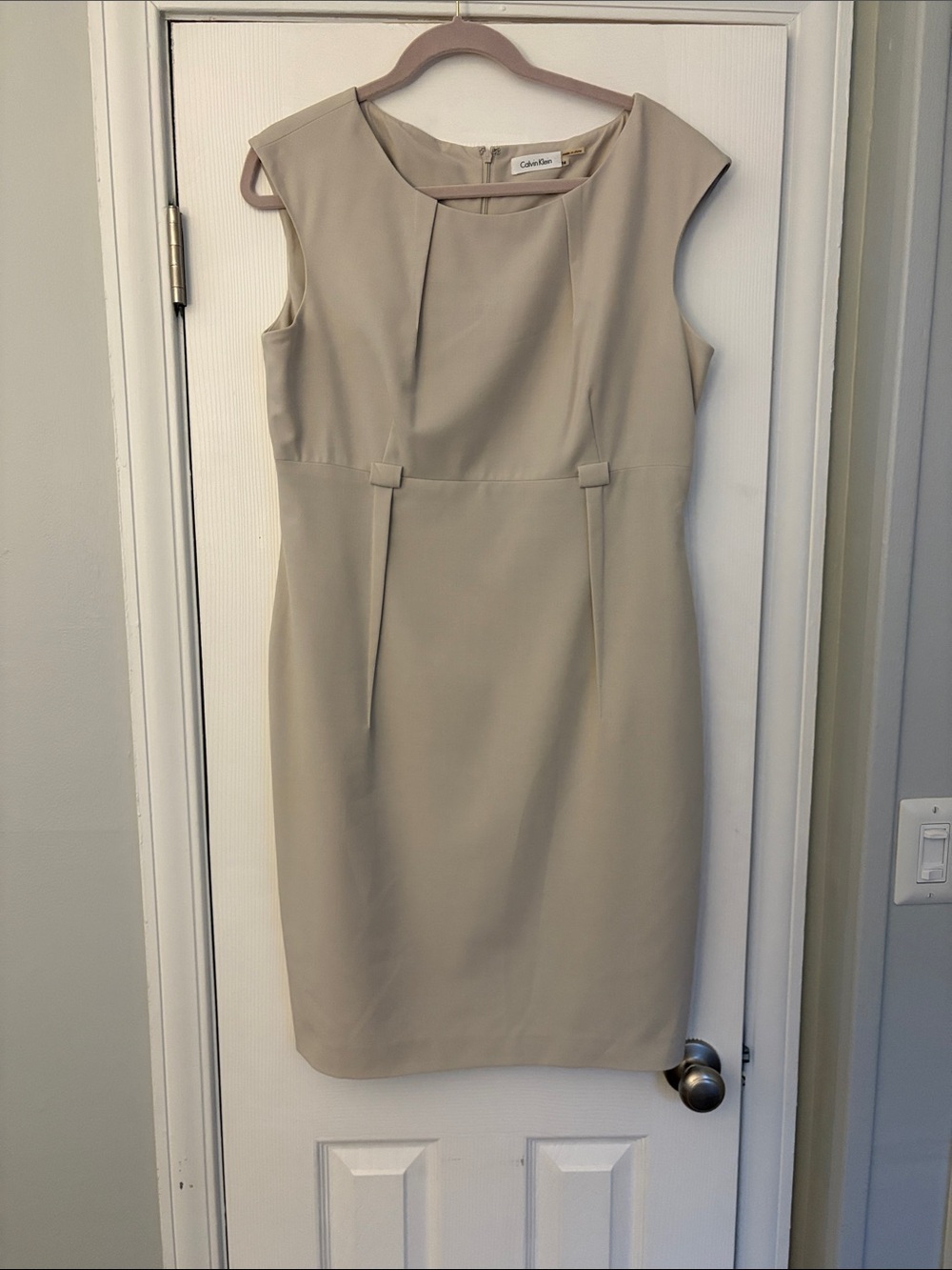 Calvin Klein Beige Pleated Neck Sheath Dress 14 Workwear Office Business Casual